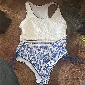 White and Blue Floral Swimsuit Set